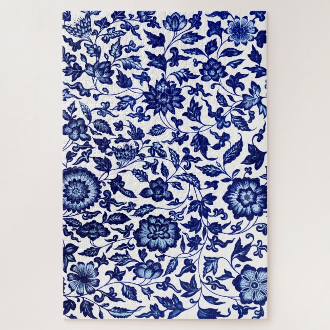 Puzzle Chinois bleu marine foncé motif floral sur blanc (Vertical)