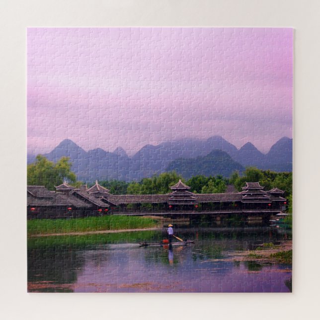 Puzzle Chinois pêcheur, lac au coucher du soleil Paysage  (Horizontal)