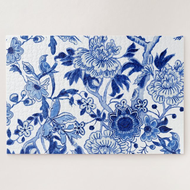 Puzzle Chinoiserie Bird Floral Bleu et Peony Arbre Blanc (Horizontal)