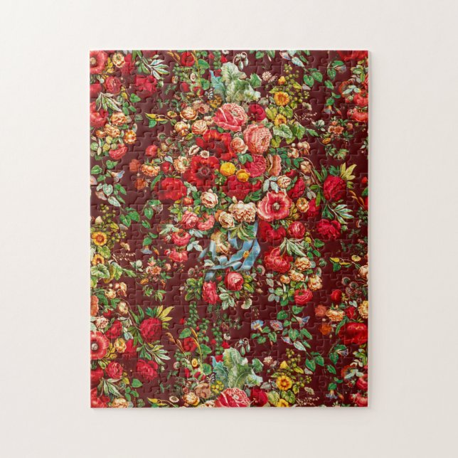 Puzzle Chintz motif rouge rose fleurs jaunes vintage (Vertical)