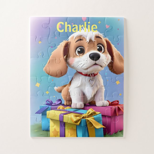 Puzzle Chiot adorable brun et blanc avec des cadeaux colo (Vertical)