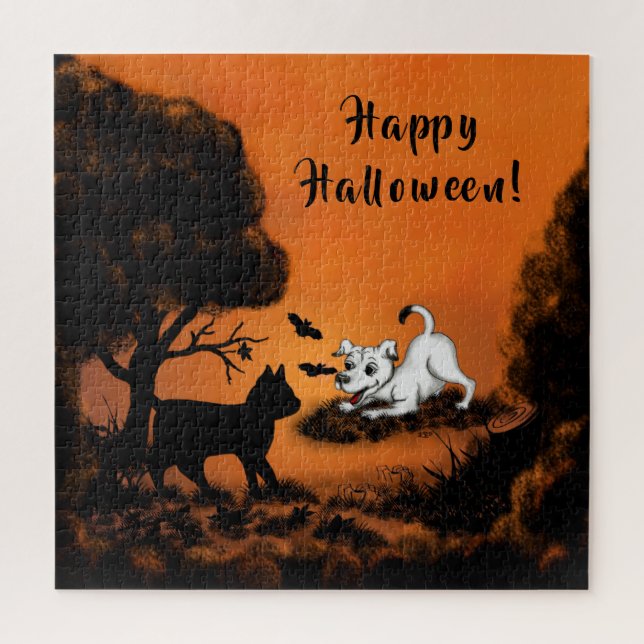 Puzzle Chiot avec chat et chauve-souris noirs, Happy Hall (Vertical)