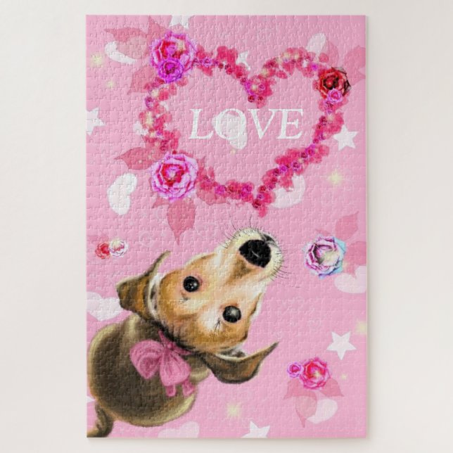 Puzzle Chiot Avec Ruban Rose - Amour (Vertical)
