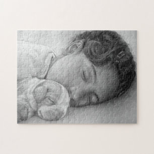 Puzzle chiot beagle mignon et petite fille endormie