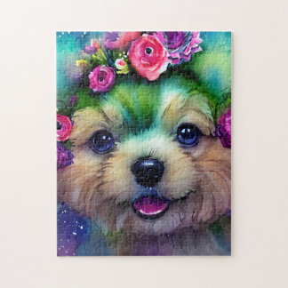 Puzzle Chiot blanc mignon avec des fleurs dans la tête