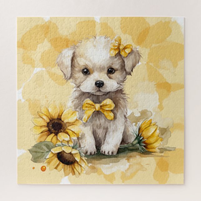 Puzzle Chiot Blanc Mignon Tournesol Jaune Aquarelle (Vertical)