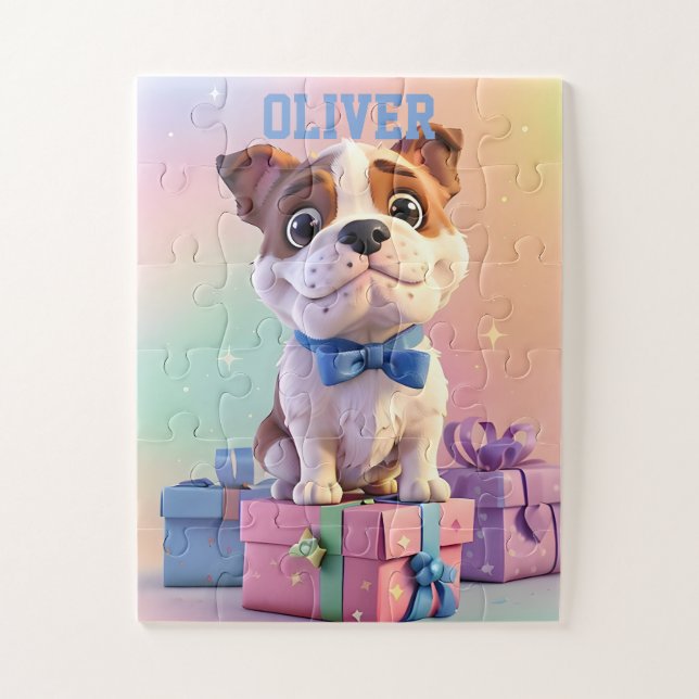 Puzzle Chiot Bouledogue Adorable Pastels et Cadeaux (Vertical)