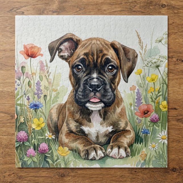 Puzzle Chiot Boxer avec Fleurs Aquarelles (Créateur téléchargé)
