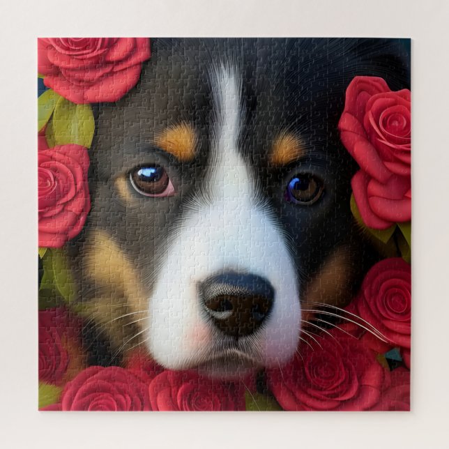 Puzzle Chiot de Corgi en roses rouges (Vertical)