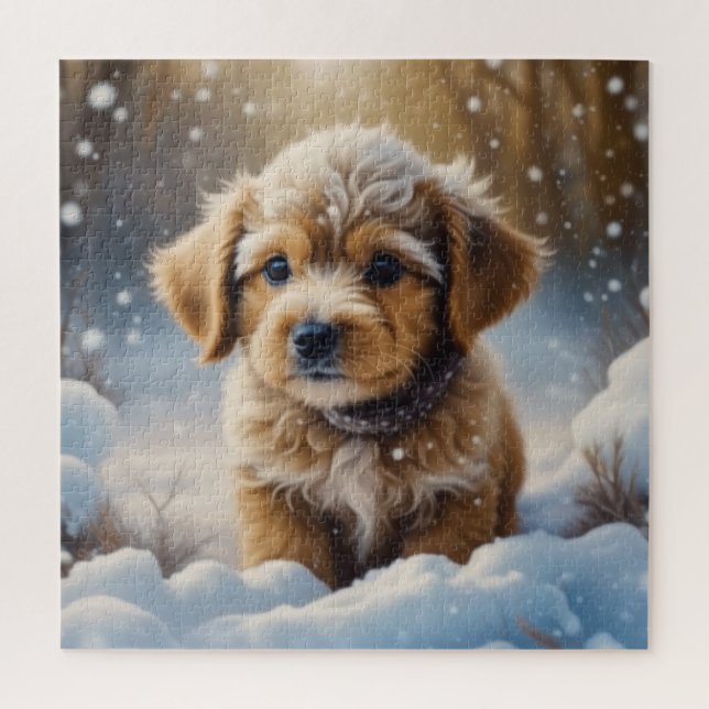 Puzzle Chiot de Noël dans la neige un jour d'hiver (Vertical)