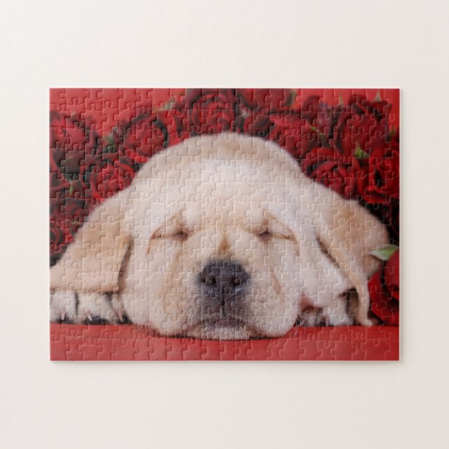 Puzzle Chiot du Labrador avec roses rouges (Horizontal)