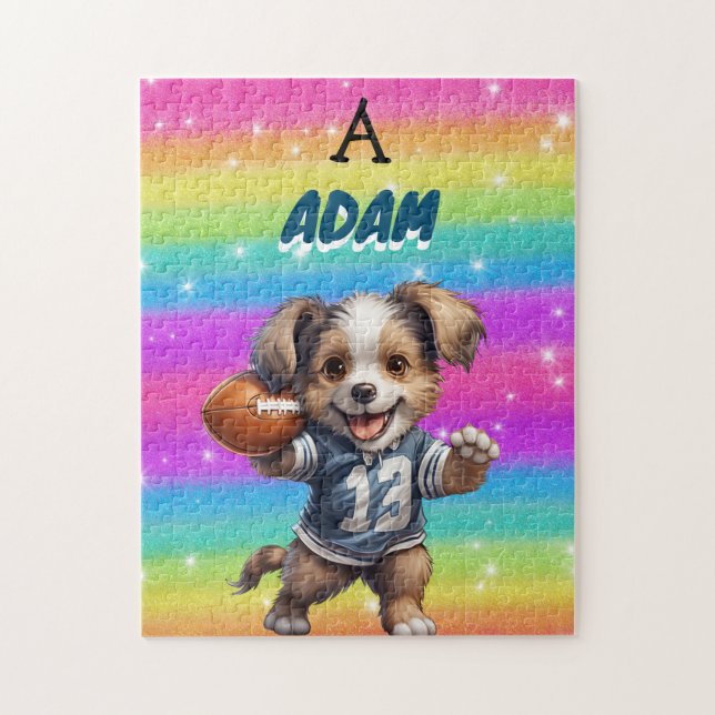 Puzzle Chiot jouant au football avec Rainbows & Name (Vertical)