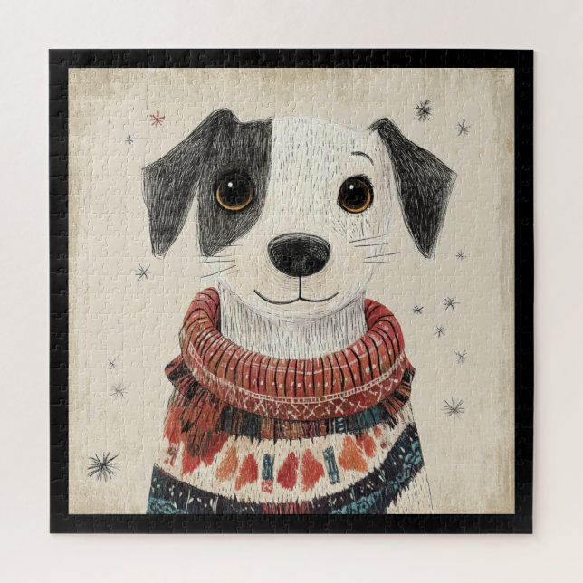 Puzzle Chiot pull noir et blanc avec neige (Vertical)