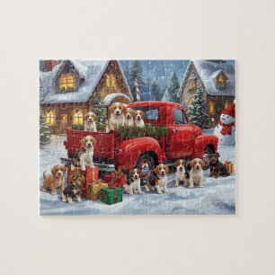 Puzzle Chiots Beagle Camion Rouge Noël Scène de Neige