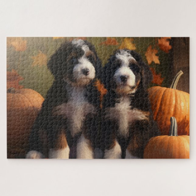 Puzzle Chiots Bernedoodle Délice d'Automne Citrouille (Horizontal)