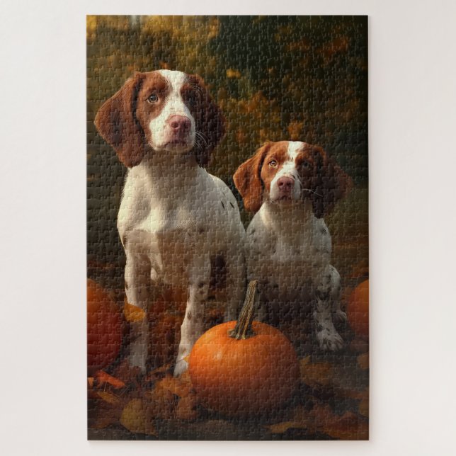Puzzle Chiots Brittany Spaniel Délice d'Automne Citrouill (Vertical)