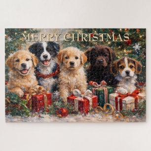 Puzzle Chiots de Noël avec des cadeaux sous l'arbre décor