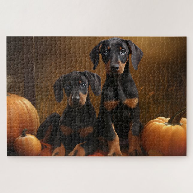 Puzzle Chiots Doberman Délice d'Automne Citrouille  (Horizontal)