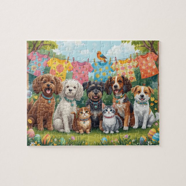 Puzzle Chiots et chatons heureux dans un jardin printanie (Horizontal)