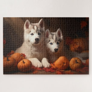 Puzzle Chiots Husky Sibérien Délice d'Automne Citrouille 