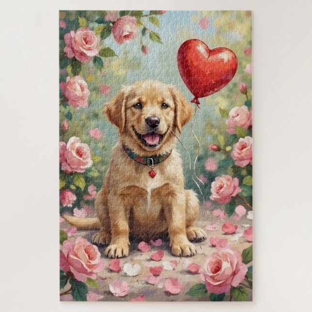 Puzzle Chiots Labrador Pétales de Rose Saint-Valentin (Vertical)