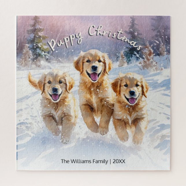 Puzzle Chiots mignons En Neige Texte Personnalisé Joyeux  (Vertical)