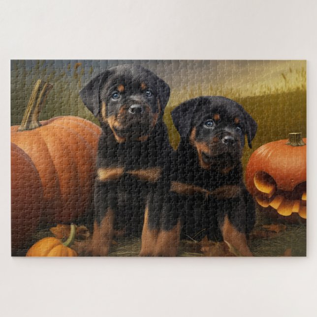 Puzzle Chiots Rottweiler Délice d'Automne Citrouille (Horizontal)