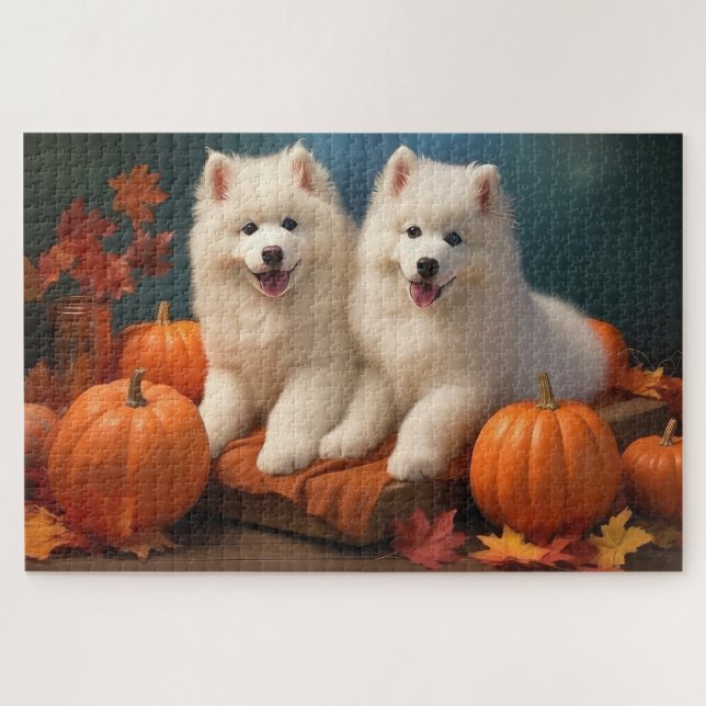 Puzzle Chiots Samoyède Délice d'Automne Citrouille  (Horizontal)