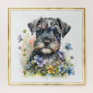 Puzzle Chiots Schnauzer à l'aquarelle avec cadre doré