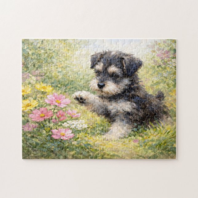 Puzzle Chiots Schnauzer Fleurs de Printemps (Horizontal)