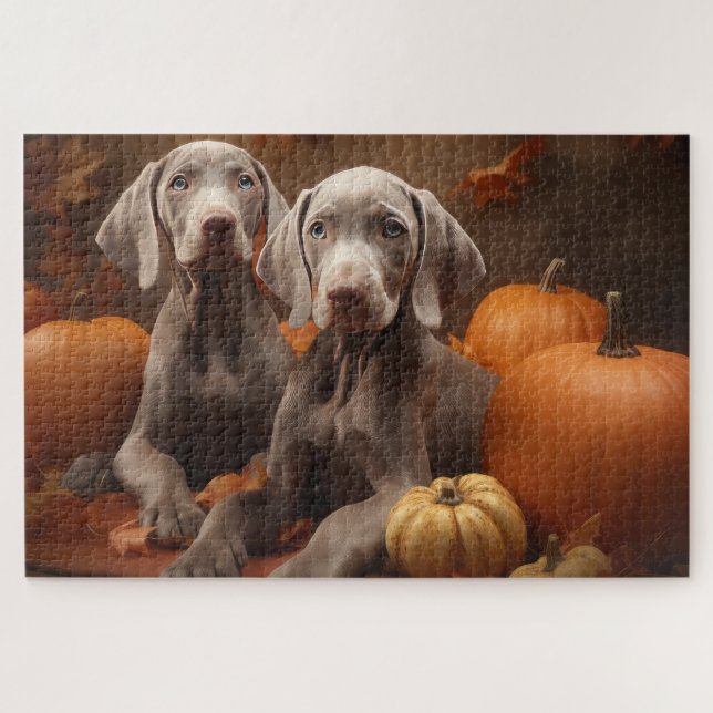 Puzzle Chiots Weimaraner Délice d'Automne Citrouille (Horizontal)