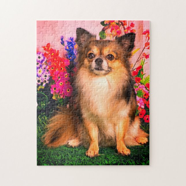 Puzzle Chiwawa mignon parmi des fleurs de ressort (Vertical)