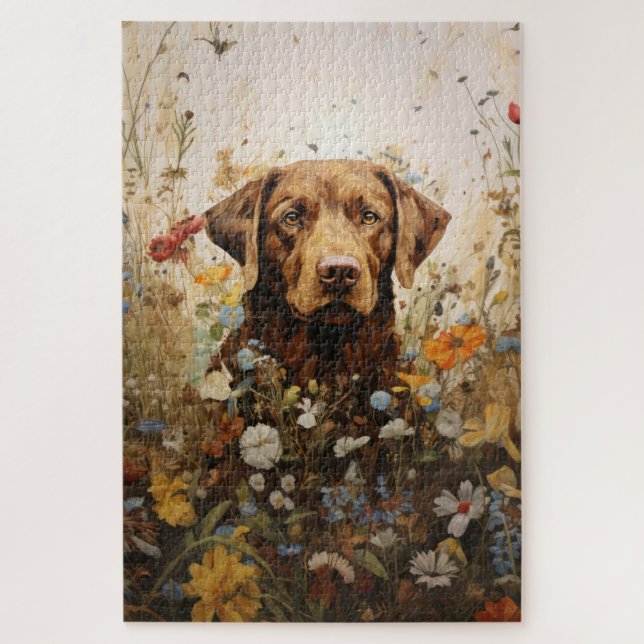Puzzle Chocolat Labrador et fleur sauvage (Vertical)