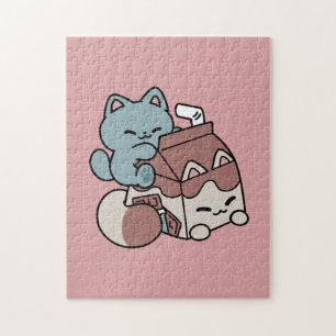 Puzzle Chocolat Lait Kawaii Chat – Boisson Confortable &