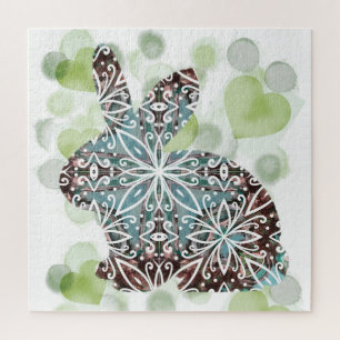Puzzle Chocolate and Soft Blue Mandala Bunny with Hearts
