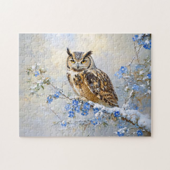 Puzzle Chouette avec peinture aux fleurs bleues (Horizontal)