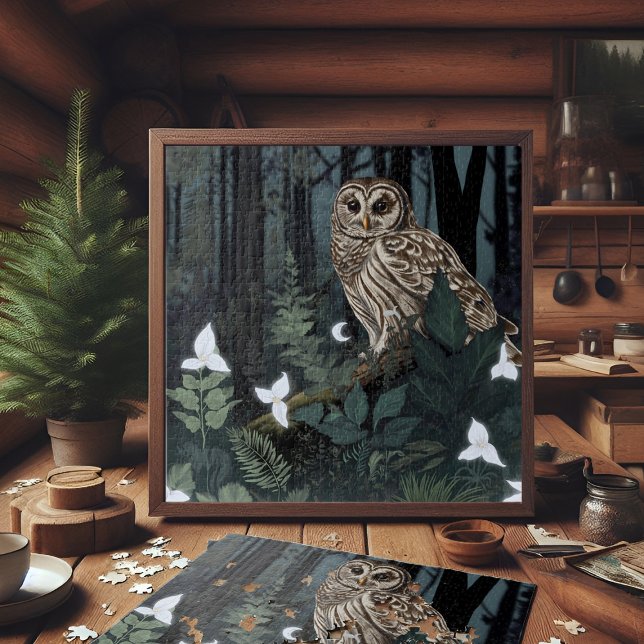 Puzzle Chouette barrée Imaginaire Woodland Trillium Night (beautiful woodland owl portrait with Trillium forest flowers and tiny crescent moon)