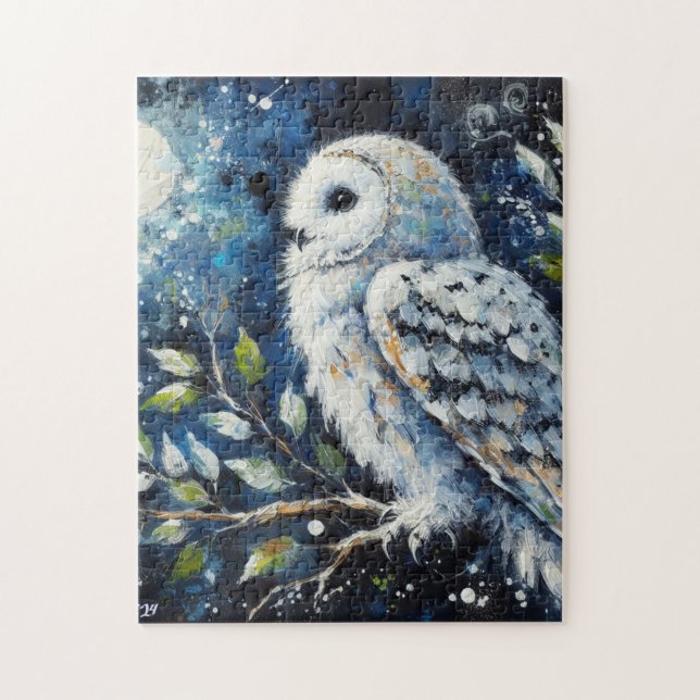 Puzzle Chouette blanche sur branche dans la peinture lune (Vertical)