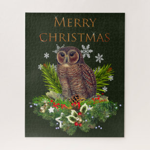 Puzzle Chouette de Noël difficile avec verdure des Fêtes