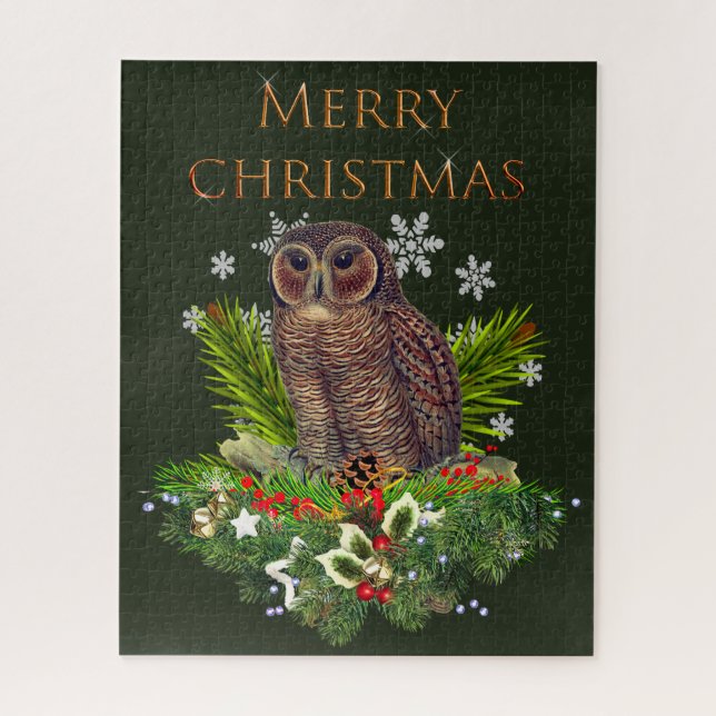 Puzzle Chouette de Noël difficile avec verdure des Fêtes (Vertical)