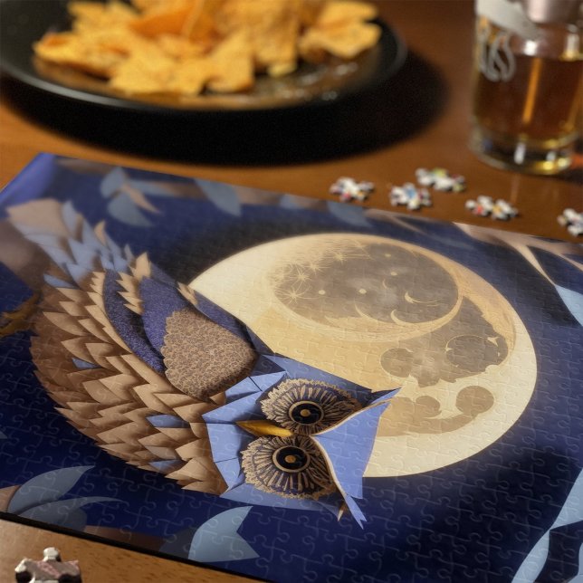 Puzzle Chouette de nuit dans l'arbre, lune de bois papier (Night owl puzzle with full moon: A paper craft enchanted forest scene on a magical woodland evening.)