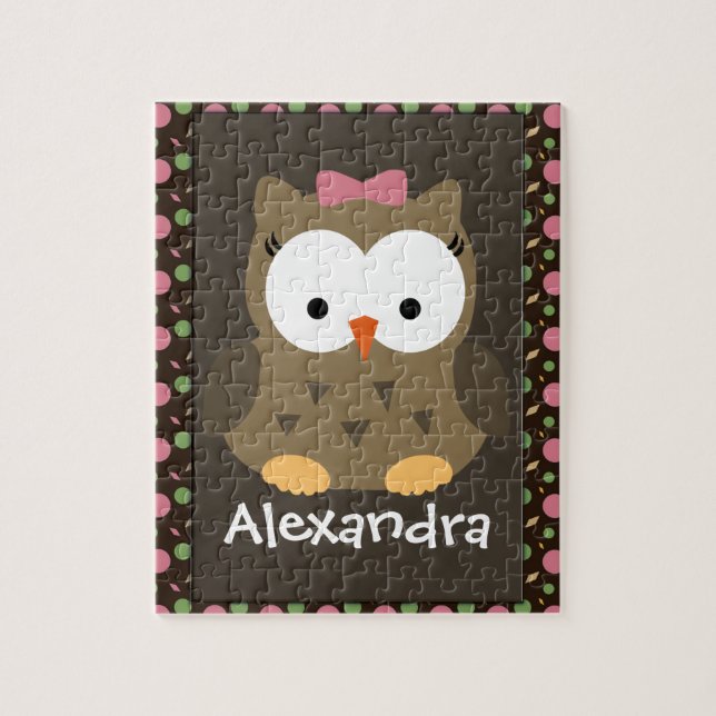 Puzzle Chouette de petite fille mignonne, rose/vert/Brown (Vertical)
