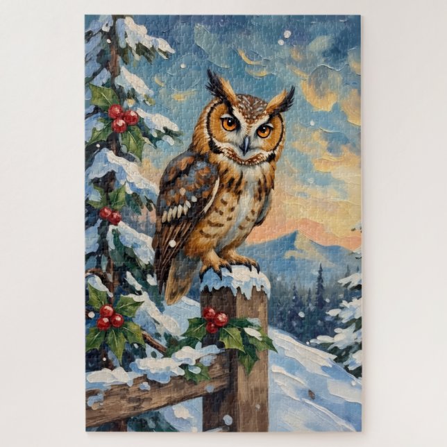 Puzzle Chouette effraie vintage sur clôture gelée Noël (Vertical)
