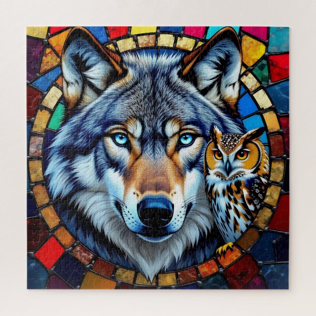 Puzzle Chouette et loup faune de style mosaïque vibrant (Vertical)