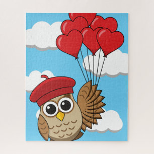 Puzzle Chouette mignonne volant avec des ballons de coeur