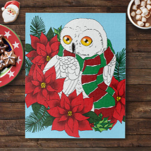 Puzzle Chouette neigeuse Poinsettias rouges Noël