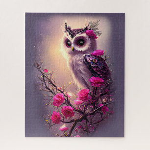 Puzzle Chouette pourpre et fleurs roses