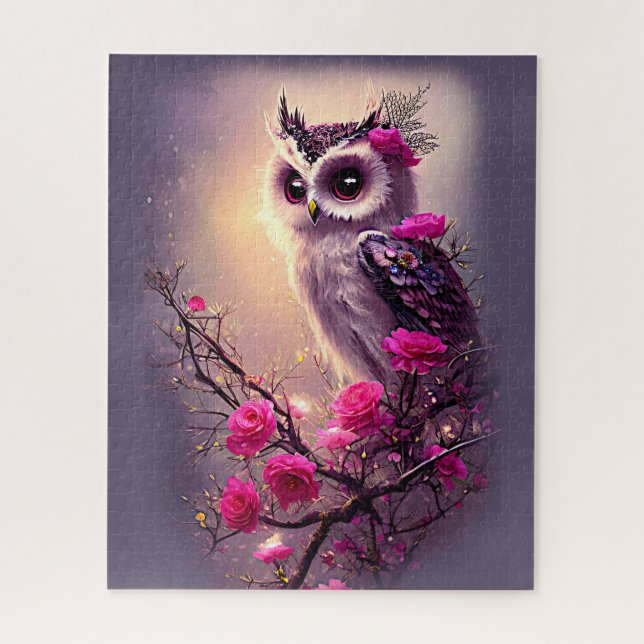 Puzzle Chouette pourpre et fleurs roses (Vertical)