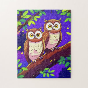 Puzzle Chouettes mignonnes sur une branche la nuit