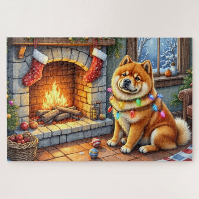 Puzzle Chow Chow assis près d'une cheminée avec des lumiè (Horizontal)
